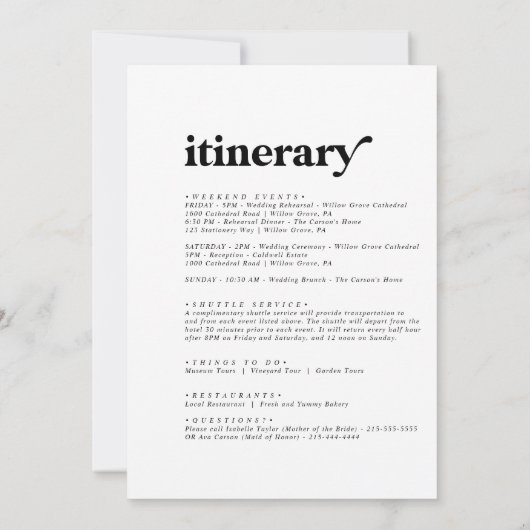 Modern Black Wedding Welcome Letter & Itinerary (Achterkant)