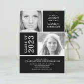 Modern Black & White 2 Photo Afstuderen Invitation Kaart (Staand voorkant)