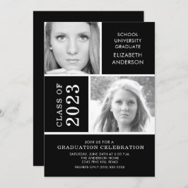 Modern Black & White 2 Photo Afstuderen Invitation Kaart