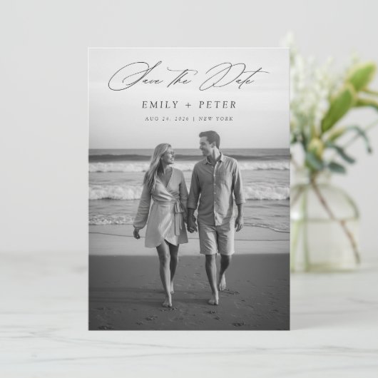 Modern Black & White 2 Photo QR Code Save The Date Kaart (Staand voorkant)