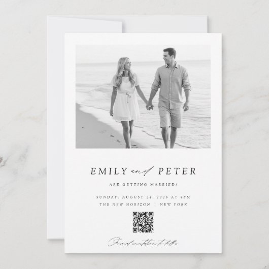 Modern Black & White 2 Photo QR Code Save The Date Kaart (Achterkant)