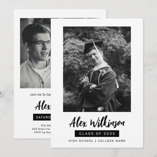 Modern Black White 3 Foto minimalistisch Afstudere Kaart (Voorkant / Achterkant)