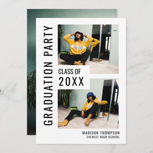 Modern Black & White 3 Photo Afstuderen Invitation Kaart (Voorkant / Achterkant)