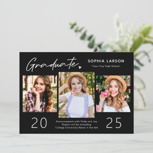 Modern Black White 3 Photo Collage Afstuderen Aankondiging (Staand voorkant)