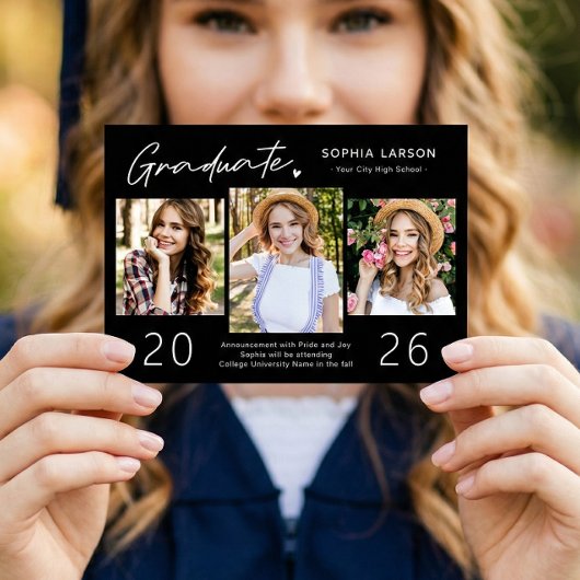 Modern Black White 3 Photo Collage Afstuderen Aankondiging