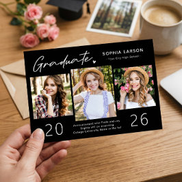Modern Black White 3 Photo Collage Afstuderen Aankondiging