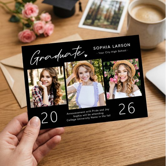 Modern Black White 3 Photo Collage Afstuderen Aankondiging