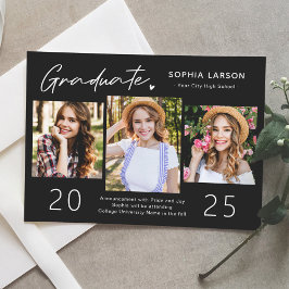 Modern Black White 3 Photo Collage Afstuderen Aankondiging