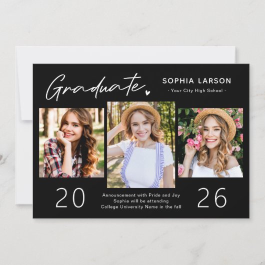 Modern Black White 3 Photo Collage Afstuderen Aankondiging (Voorkant)