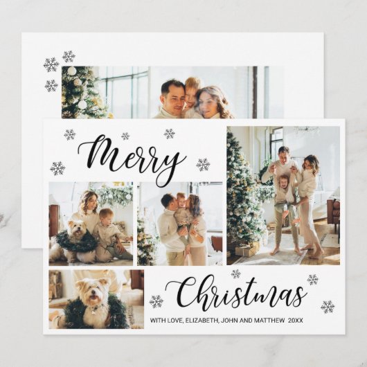 Modern Black White 4 Photo Collage Kerstmis Kaart (Voorkant / Achterkant)