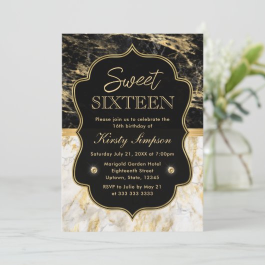 Modern Black, White and Gold Marble Sweet 16 Kaart (Staand voorkant)