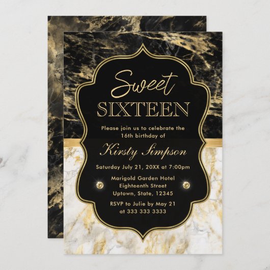 Modern Black, White and Gold Marble Sweet 16 Kaart (Voorkant / Achterkant)