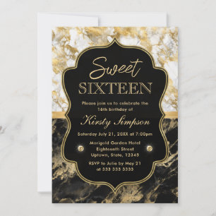 Modern Black, White and Gold Marble Sweet 16 Kaart