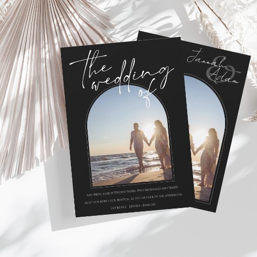 Modern Black White Arch Initiaal Photo Wedding Kaart