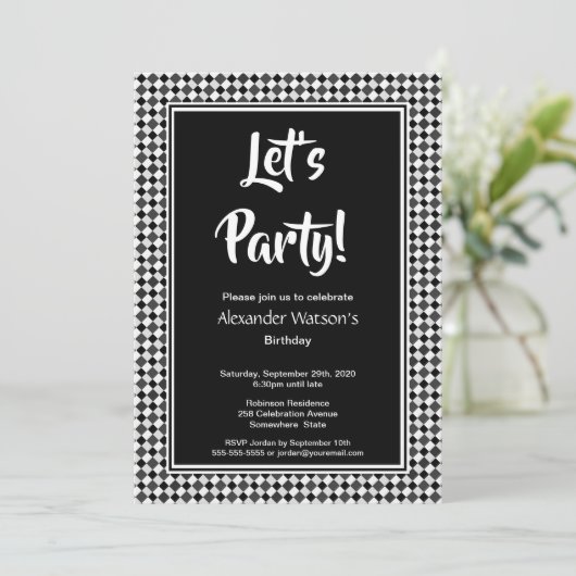 Modern Black White Birthday Party Kaart (Staand voorkant)