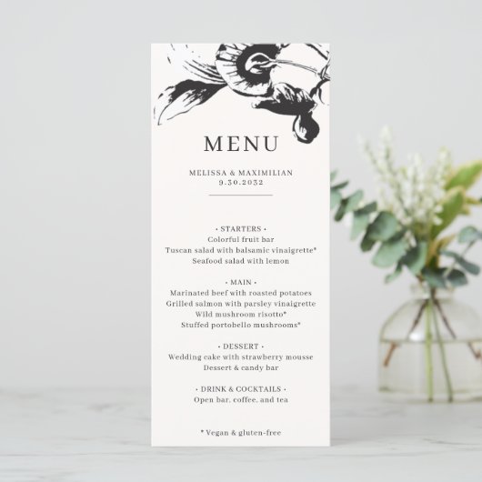 Modern Black & White bloemen chic Wedding Menu (Staand voorkant)