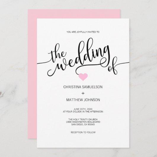 Modern Black White Blush PINK Heart Wedding Kaart (Voorkant / Achterkant)