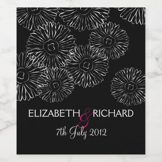 Modern Black White Boho Chic Daisy Wedding Wijn Etiket (Enkel label)
