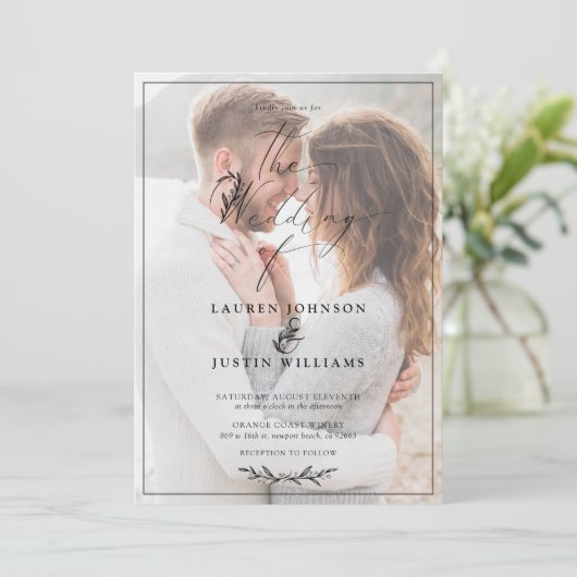 Modern Black White Botanical Script Vellum Photo Kaart (Staand voorkant)