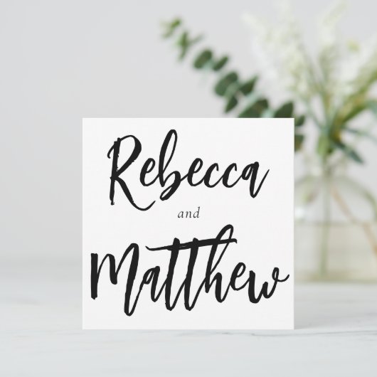 Modern Black White Brush Script Big Names Wedding Kaart (Staand voorkant)