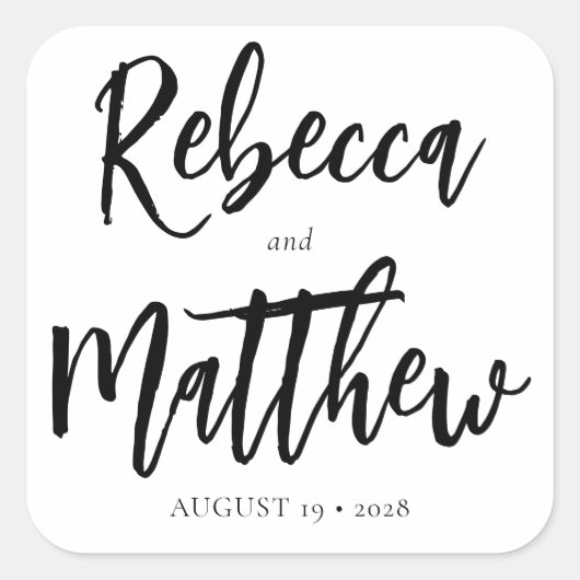 Modern Black White Brush Script Big Names Wedding Vierkante Sticker (Voorkant)