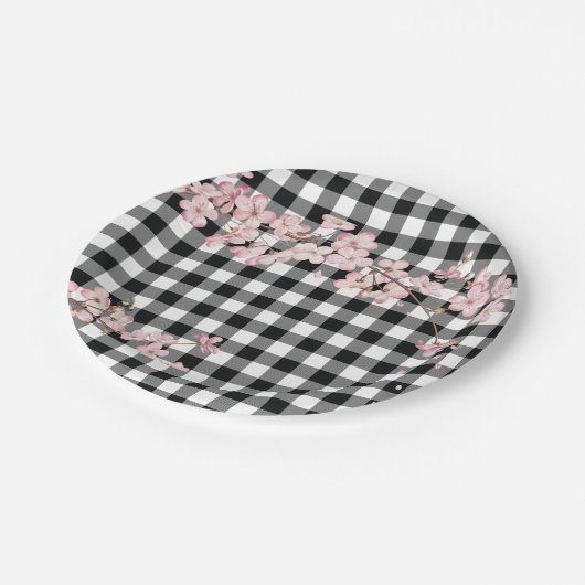 Modern Black White Buffalo controleert Cherry Blos Papieren Bordje (Gekanteld)