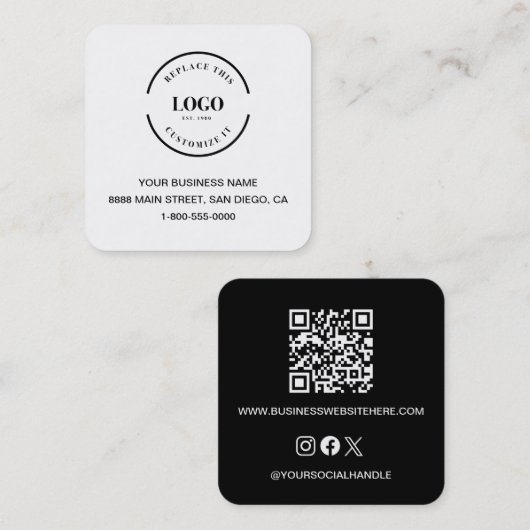 Modern Black White Business Branding QR code Vierkante Visitekaartje (Voorkant / Achterkant)
