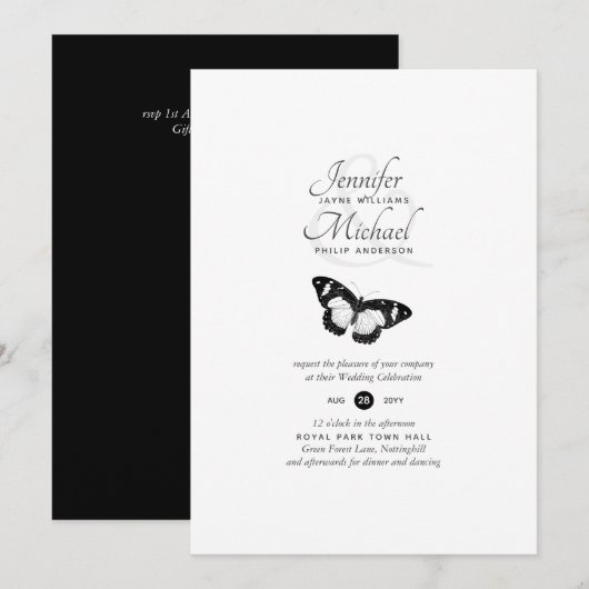 Modern Black White Butterfly Wedding Invitation (Voorkant / Achterkant)
