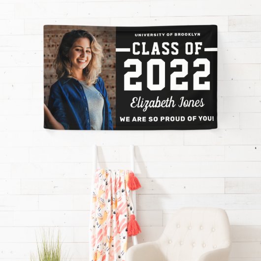 Modern Black White Class of 2022 Photo Afstuderen Spandoek (Insitu)