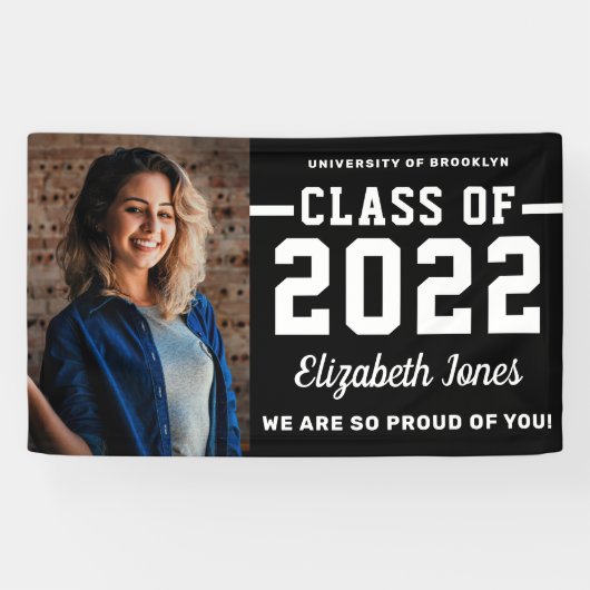 Modern Black White Class of 2022 Photo Afstuderen Spandoek (Horizontaal)
