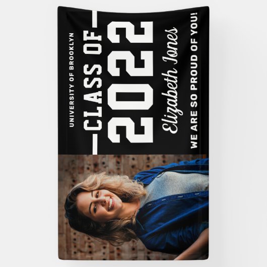 Modern Black White Class of 2022 Photo Afstuderen Spandoek (Verticaal)