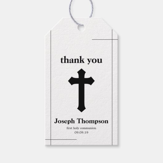 Modern Black & White Cross First Heilige Communie Cadeaulabel (Voorkant)