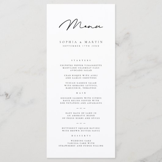 Modern Black White Elegant Minimalist Wedding Menu (Voorkant)