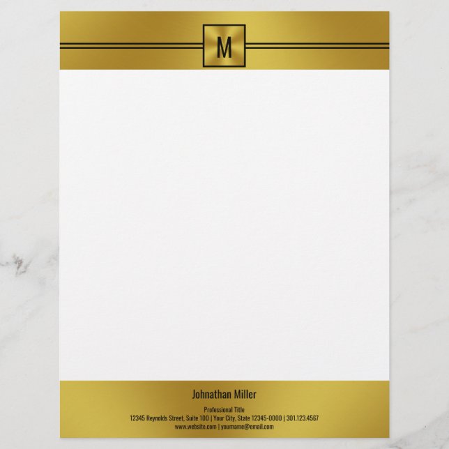 Modern Black White en Gold met Monogram Briefhoofd (Voorkant)