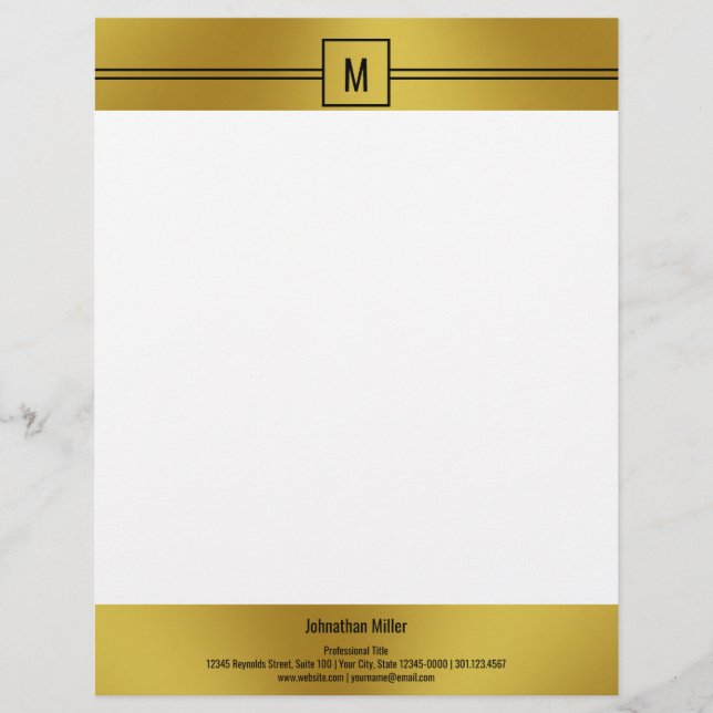 Modern Black White en Gold Monogram Sjabloon Briefhoofd (Voorkant)