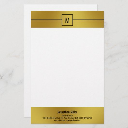 Modern Black White en Gold Monogram Sjabloon Briefpapier (Voorkant / Achterkant)