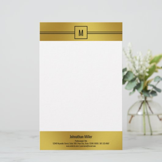 Modern Black White en Gold Monogram Sjabloon Briefpapier (Staand voorkant)
