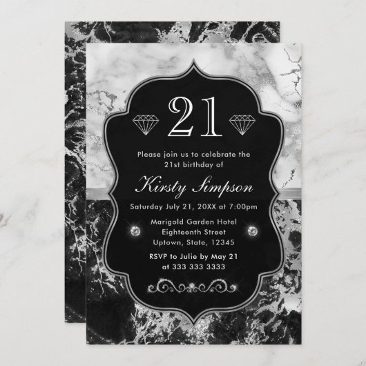 Modern Black, White en Silver Marble Birthday Kaart (Voorkant / Achterkant)