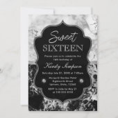 Modern Black, White en Silver Marble Sweet 16 Kaart (Voorkant)