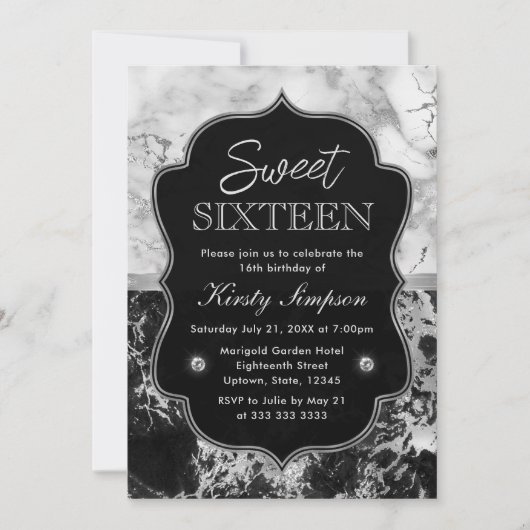 Modern Black, White en Silver Marble Sweet 16 Kaart (Voorkant)
