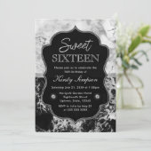 Modern Black, White en Silver Marble Sweet 16 Kaart (Staand voorkant)