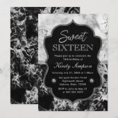 Modern Black, White en Silver Marble Sweet 16 Kaart (Voorkant / Achterkant)
