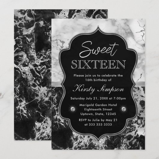 Modern Black, White en Silver Marble Sweet 16 Kaart (Voorkant / Achterkant)