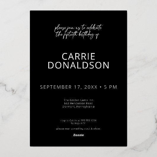 Modern Black White Fifty & Fabulous Birthday Folie Uitnodiging (Achterkant)