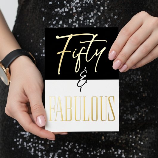 Modern Black White Fifty & Fabulous Birthday Folie Uitnodiging