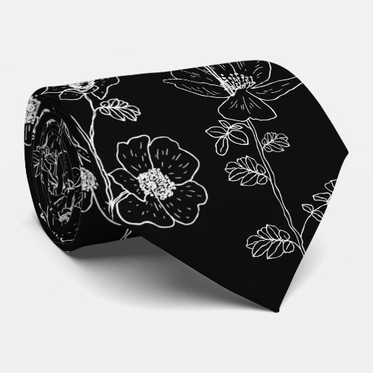 Modern Black & White Floral Vine Wedding Stropdas (Opgerold)