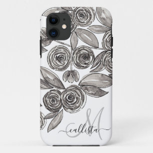 Modern Black White Floral Waterverf Monogram Case-Mate iPhone Case
