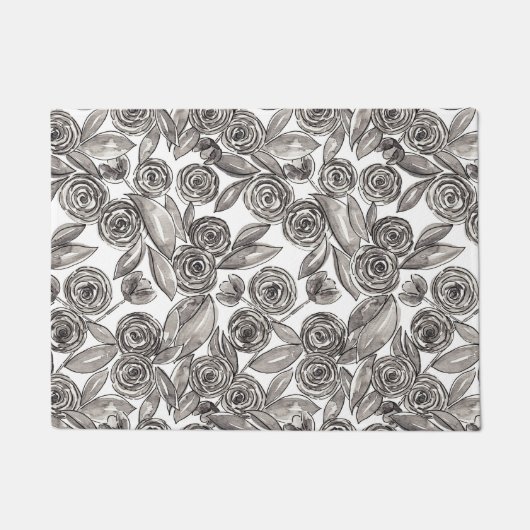 Modern Black White Floral Waterverf Monogram Deurmat (Voorkant)