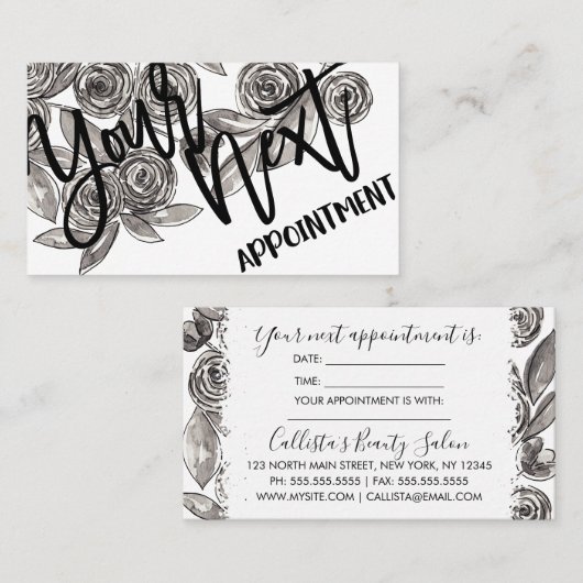 Modern Black White Floral Waterverf Pattern Afsprakenkaartje (Voorkant / Achterkant)