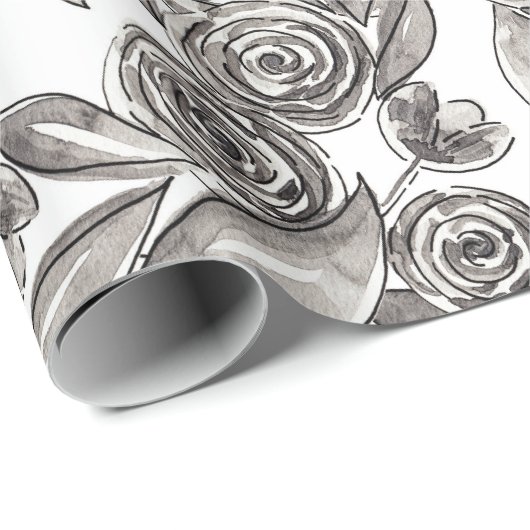 Modern Black White Floral Waterverf Pattern Cadeaupapier (Rol Hoek)